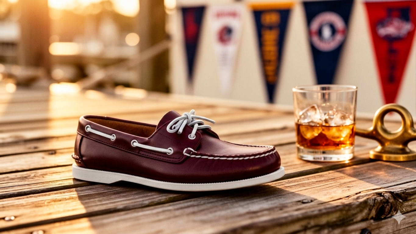 Maroon Yacht Daddy's boat shoe on a dock at sunset with college pennants and a glass of bourbon